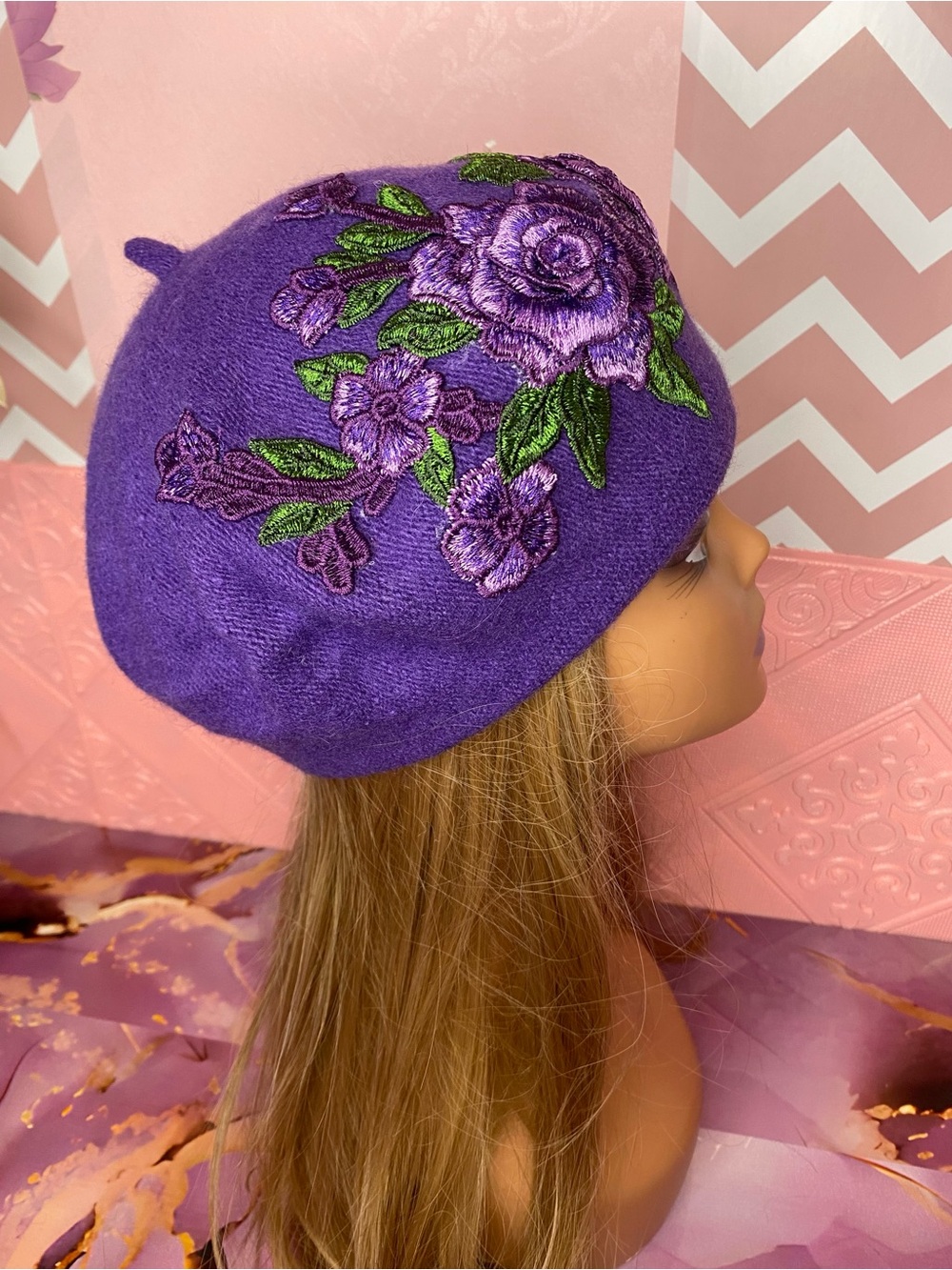 ๐๐ท Purple Floral Embroidered Wool Feel Beret ๐ท๐ NWT - Picture 9 of 10